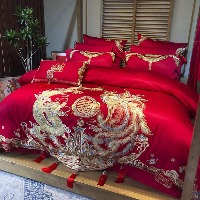 国内贸易  九喜狐婚庆家纺结婚四件套被婚床上用品贡缎提花龙凤刺绣十件套(200*2300)