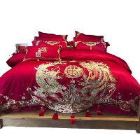 国内贸易  九喜狐婚庆家纺结婚四件套被婚床上用品贡缎提花龙凤刺绣十件套(200*2300)